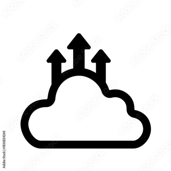 Fototapeta Outlined cloud triple-upload icon representing clear multi-stream file transfer, scalable upward movement, and efficient distributed cloud workflows.