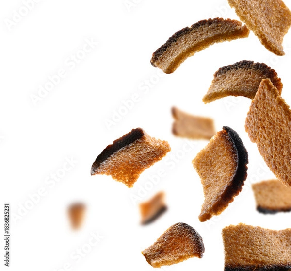 Obraz Rye croutons levitate on a white background