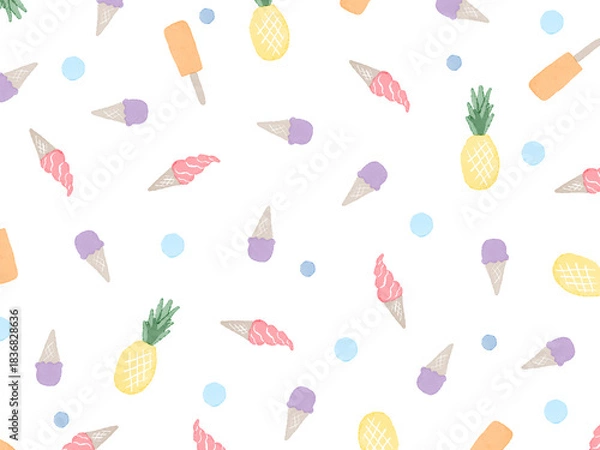 Obraz 白背景に手描き夏のイラストパターン。水彩のアイスクリームとソフトクリームとパイナップル。おやつやデザートのコンセプト