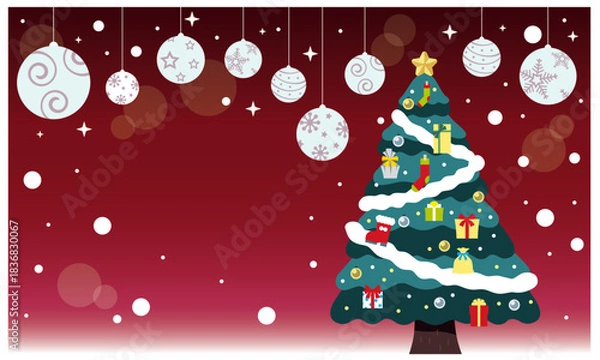 Obraz クリスマスのイラスト素材。赤い背景とオーナメント、クリスマスツリー