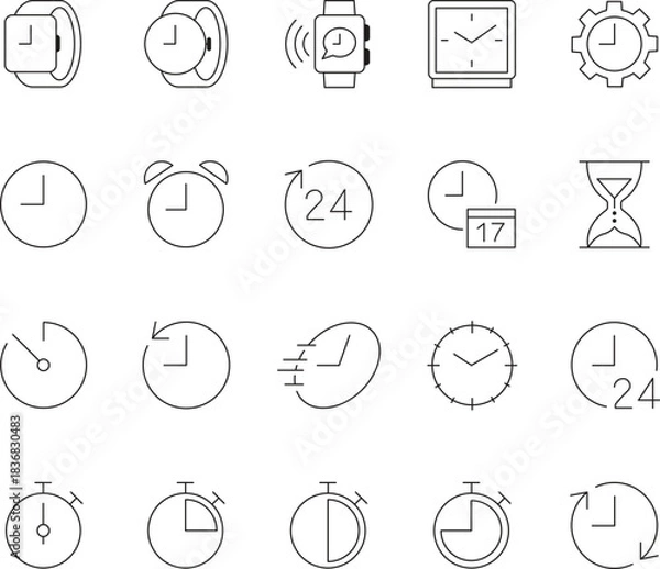 Fototapeta Time and clock line icons set. Editable stroke. Watch, timer, calendar, date, alarm, stopwatch, and timekeeping outline vector illustrations.