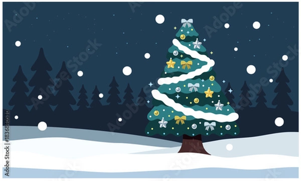 Obraz クリスマスツリーを使ったイラスト素材。森の雪景色の背景と雪、飾り付けられたクリスマスツリー