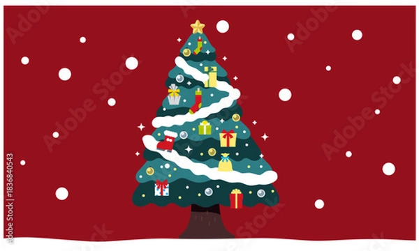 Obraz クリスマスツリーを使ったイラスト素材。赤い背景と雪、飾り付けられたクリスマスツリー