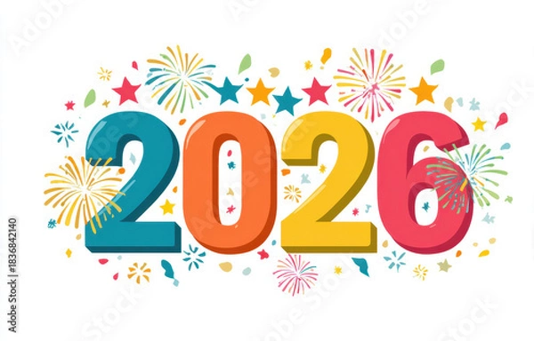 Fototapeta Celebrate arrival of 2026 with vibrant colors and festive elements, including fireworks and stars, creating joyful atmosphere for new year