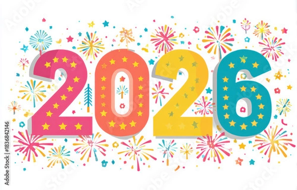 Fototapeta Colorful numbers 2026 surrounded by vibrant fireworks and festive elements create joyful atmosphere for celebrations. This illustration captures excitement of New Year festivities
