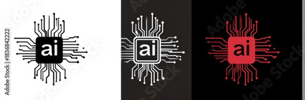 Fototapeta Abstract logo design featuring AI chip with circuit patterns in black, white, and red colors, symbolizing technology and innovation