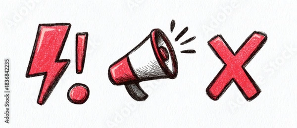 Fototapeta Hand drawn vector icons featuring exclamation mark, megaphone, and cross symbol, conveying urgency and attention. These elements are ideal for web design and communication purposes