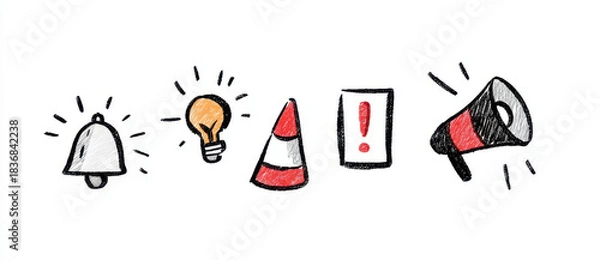 Fototapeta Hand drawn vector icons representing alert symbols including bell, light bulb, traffic cone, exclamation mark, and megaphone. These icons convey important messages and notifications effectively
