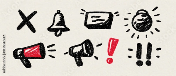 Fototapeta Hand drawn vector icons set for web design featuring x mark, bell, message box, light bulb, and megaphone. These expressive symbols enhance communication and alertness in digital interfaces