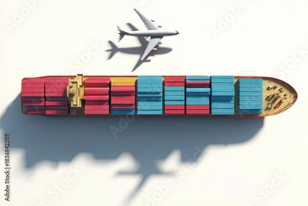 Fototapeta Simplified model of cargo ship loaded with colorful containers, showcasing vibrant arrangement of red and blue boxes. An airplane flies above, symbolizing global trade and transportation