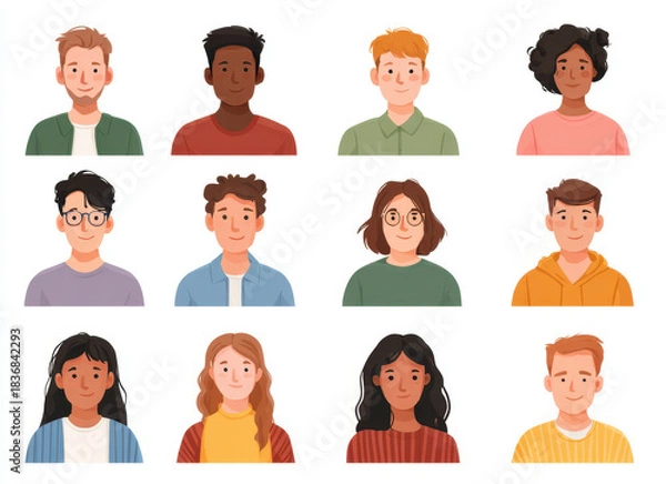 Fototapeta Diverse group of illustrated characters representing various ethnicities and styles, showcasing range of emotions and expressions in friendly manner
