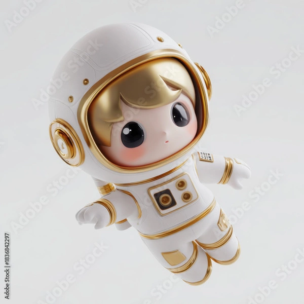 Fototapeta Cute chibi astronaut floats in space, wearing white and gold spacesuit. character has large expressive eyes and playful demeanor, evoking sense of wonder and adventure