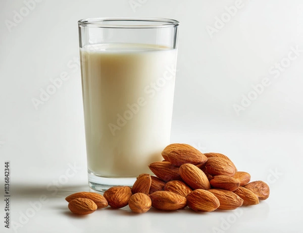 Fototapeta Glass of milk stands next to pile of fresh raw almonds on clean white surface, creating simple yet appealing composition. This evokes sense of health and nourishment