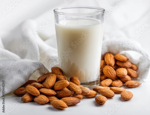 Fototapeta Glass of milk surrounded by fresh raw almonds white background creates serene and healthy atmosphere. This composition highlights natural textures and colors of ingredients, evoking sense