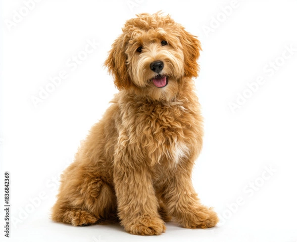 Fototapeta Happy and content cute golden brown labradoodle sits gracefully, showcasing its fluffy coat and playful demeanor. This adorable dog exudes warmth and charm, making it delightful companion