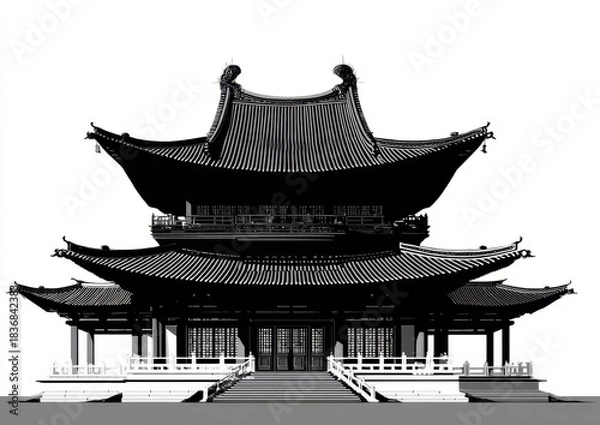 Fototapeta Ancient Chinese architecture features intricate designs and elegant lines, showcasing traditional temple structure in black and white. majestic silhouette evokes sense of history and culture