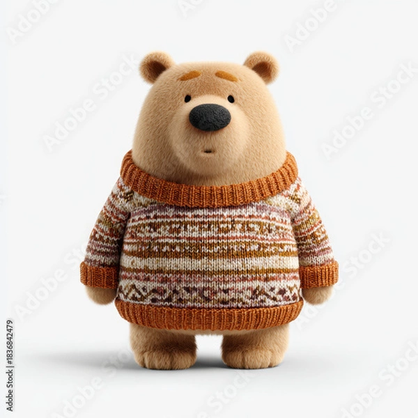 Fototapeta Cute bear wearing cozy sweater stands against white background, exuding warmth and charm. This adorable character captures playful and inviting spirit, perfect for various creative projects