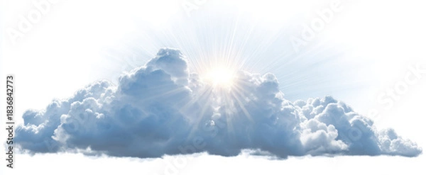 Fototapeta Bright white cloud with sun rays shining through, creating serene and uplifting atmosphere. soft, fluffy texture of cloud enhances feeling of tranquility and peace