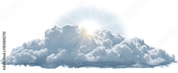 Fototapeta Bright white cloud with sun rays emerging from behind, creating serene and uplifting atmosphere. soft, fluffy texture of cloud enhances peaceful scene, perfect for conveying tranquility