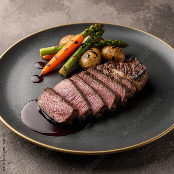 Fototapeta Steak dinner with roasted vegetables and sauce