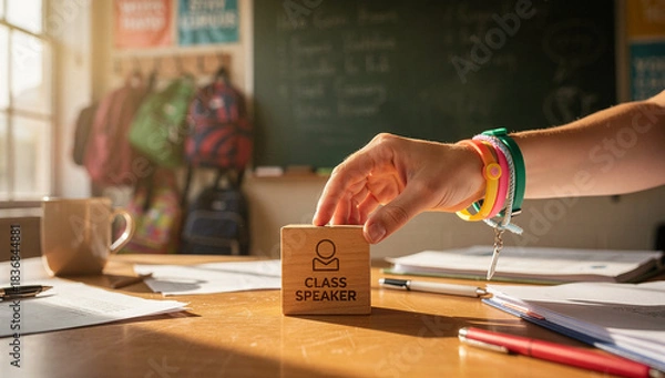 Fototapeta Class speaker role being selected in a bright classroom.