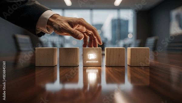Fototapeta Presentation choice on a wooden block in conference room