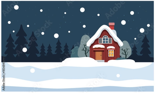 Obraz 森の中の一軒家のイラスト素材。夜の森と古民家と雪景色。