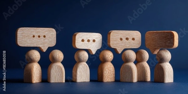 Obraz wooden figures with speech bubbles on a dark blue background