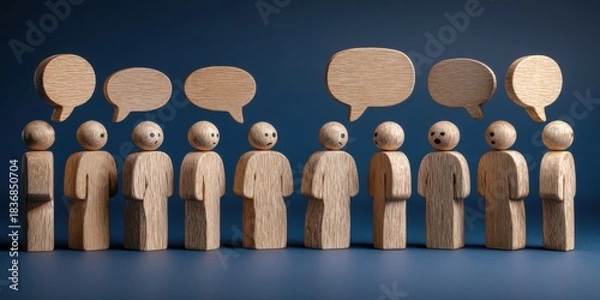 Obraz wooden figures with speech bubbles on a dark blue background, a group of people standing in line looking at the camera and having a conversation