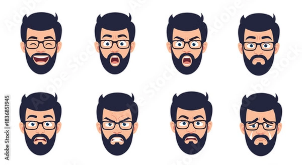 Fototapeta A collection of a bearded man's diverse facial expressions and emotions, from happiness and surprise to anger and sadness, in a cartoon vector style.