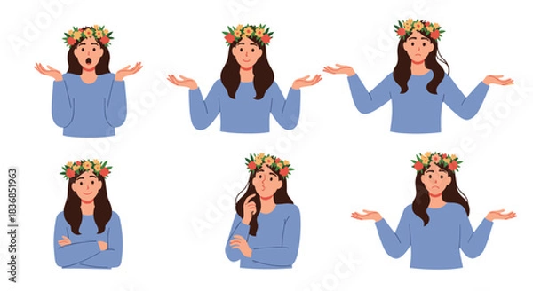 Fototapeta Young woman in a flower crown displaying a range of emotions and gestures, including shrugging, thinking, and surprise, on a white background.