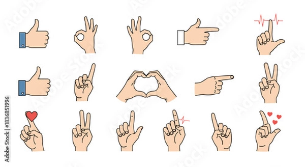 Fototapeta A diverse collection of human hand gestures and signs conveying communication, approval, direction, and various emotions on a white background.