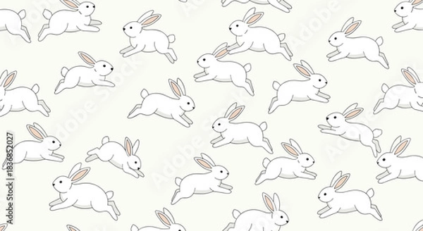 Fototapeta A delightful seamless pattern featuring numerous white bunnies hopping playfully across a soft, neutral background, perfect for textiles or digital designs.