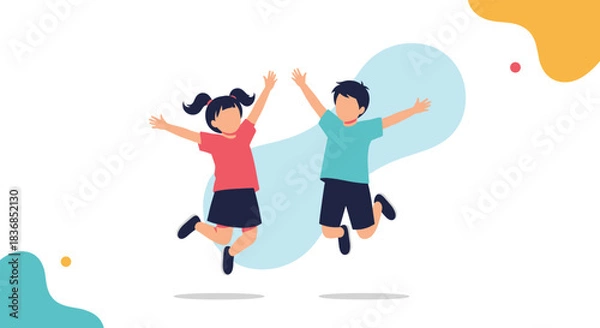 Fototapeta Two cheerful young children, a boy and a girl, jump with their arms outstretched in a joyful display on a white background with abstract shapes.