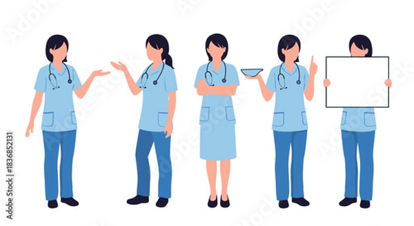 Fototapeta A collection of five diverse female nurses in blue scrubs and stethoscopes, showcasing various poses for medical care, instruction, and presentation.