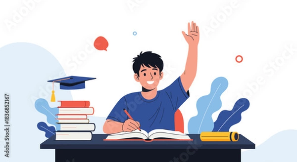 Fototapeta A happy student raises a hand while studying at a desk with books and a graduation cap, symbolizing learning and achievement.