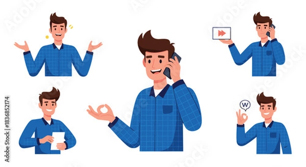 Fototapeta A cheerful man in a blue plaid shirt is depicted in various actions, including phone calls, showing approval, shrugging, and holding documents.