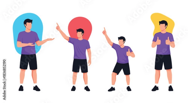 Fototapeta Four male cartoon characters in casual attire illustrating a range of gestures and expressions with abstract color backdrops.
