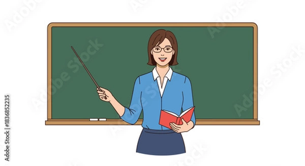 Fototapeta A friendly female teacher wearing glasses stands in front of a green chalkboard, holding a pointer and an open book, ready to educate.