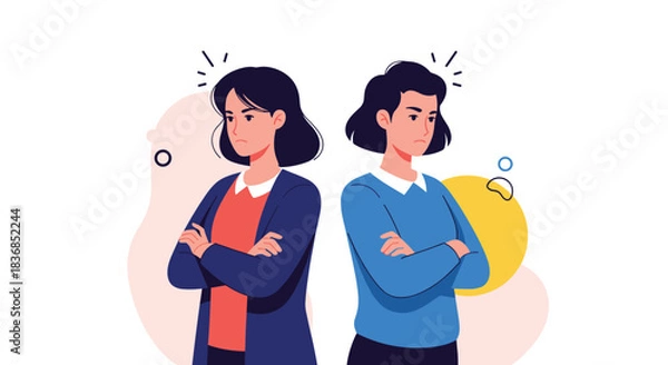 Fototapeta Two women stand back to back with crossed arms and angry expressions, symbolizing conflict, disagreement, or a breakdown in communication.
