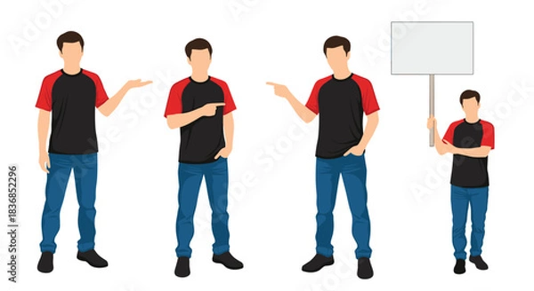 Fototapeta Four stylized male characters in red and black t-shirts and blue jeans presenting, pointing, and holding a blank sign, isolated on white.