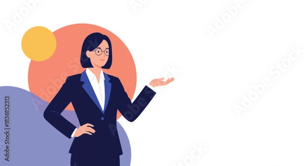 Fototapeta A confident female professional in a suit and glasses presenting information or gesturing with an open palm against a colorful, abstract background with ample copy space.