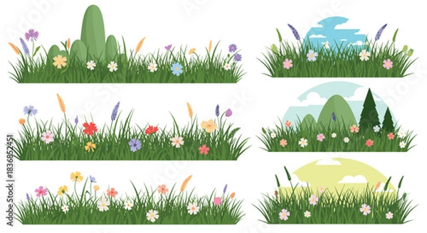 Fototapeta Set of six beautiful vector illustrations depicting lush green grass with an array of colorful wildflowers and scenic backdrops.