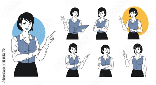 Fototapeta A businesswoman in various poses, including pointing, holding a clipboard, and crossing arms, showcasing different emotions and actions.