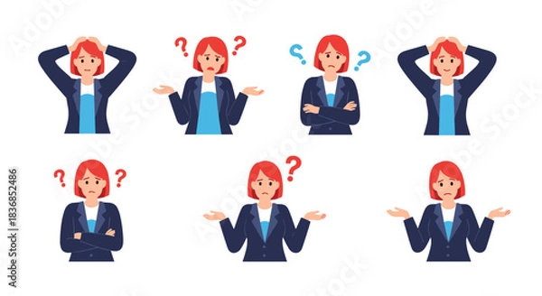 Fototapeta Illustrations of a businesswoman in various poses expressing confusion, doubt, and frustration, often accompanied by question marks.
