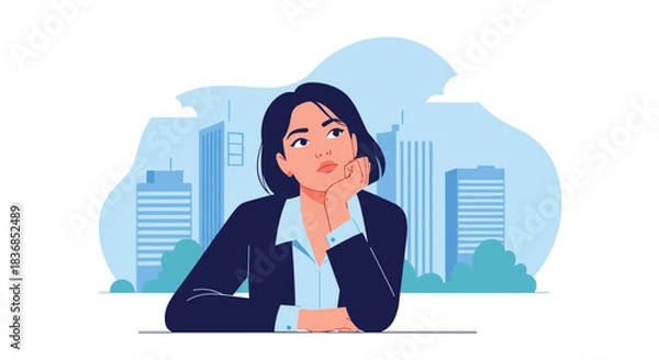 Fototapeta Pensive young businesswoman in a city setting, deep in thought, contemplating ideas and future possibilities for success.