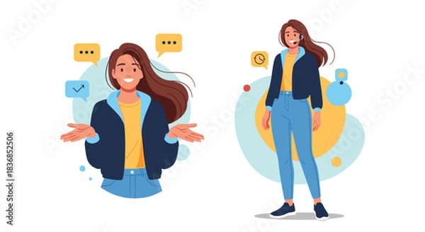 Fototapeta Friendly female customer service representative helping clients and providing online support, ready to answer questions and offer assistance.