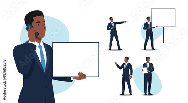 Fototapeta A collection of diverse illustrations depicting a Black businessman engaged in various professional activities, like calls, presentations, and tasks.