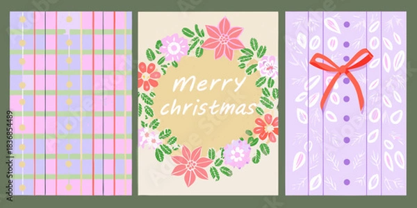 Fototapeta Set of three christmas cards with floral wreath and festive patterns