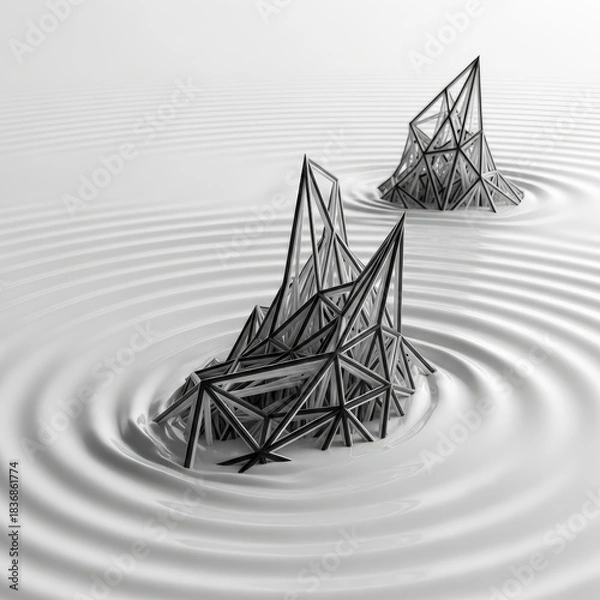 Fototapeta Abstract geometric structures in a minimalist zen garden with ripple patterns.